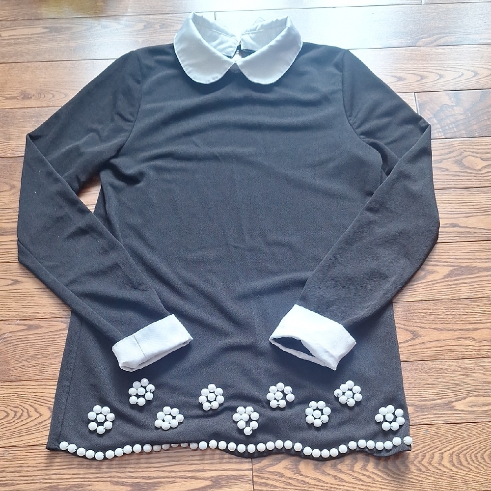 Chic Black Collared Top with Beaded Flower Detail